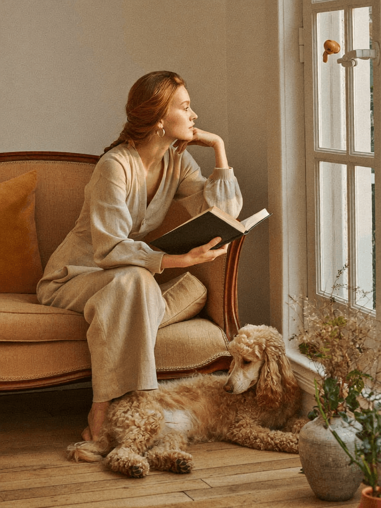 Sandra lisant près de la fenêtre, Mila au sol